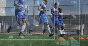 Animation of screen with biological data over diverse male soccer players during training. Sport, soccer, durability and technology concept digitally generated video.