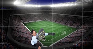 Animations of financial data processing over caucasian football player. Sports, competition, entertainment and technology concept digital composite video.