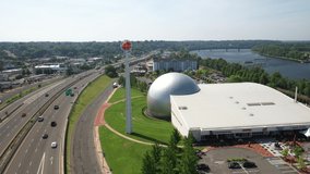 Basketball Hall of Fame in Springfield, Massachusetts with drone video moving forward close up.