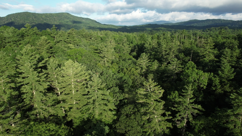 Drone shot of Blue Ridge Mountains and Linville Gorge, North Carolina, tilted downward