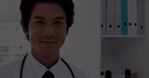Animation of financial data processing over biracial doctor. Global medicine, technology, data processing and digital interface concept digitally generated video.