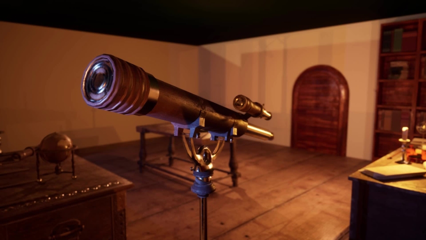 Vintage Telescope in Old Office Pointing Outside of Window at Night Time. Nobody. Wooden Door and Floor. Small Vintage Globe, Candle and Table in Background. Royalty-Free Stock Footage #1092900211