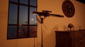 Vintage Telescope in Old Office Pointing at Full Moon. Autumn Tree with Orange Leaves Outside. Old Clock, Small Vintage Globe and Wooden Chest of Drawer on the Side. Candle Light. Night Time. Nobody. - Powered by Shutterstock - Get 15% off with code: PIKWIZARD15