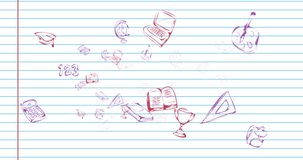 Animation of falling school supplies over lined sheet. Learning and education concept digitally generated video.