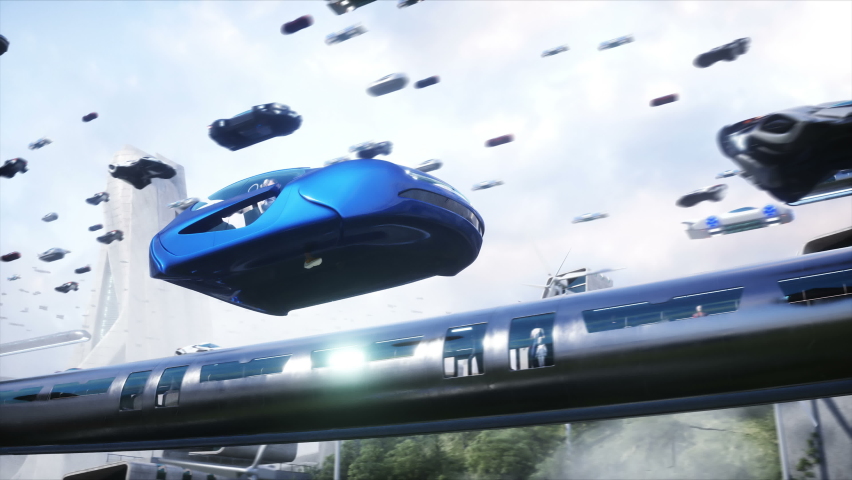 People in flying car. Futuristic city. flying car traffic. Future concept. Realistic 4k animation. | Shutterstock HD Video #1092903021