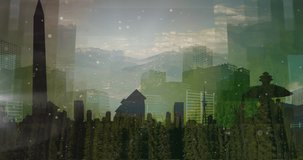 Animation of falling social media icons over cityscape. . Global connections, data processing and digital interface concept digitally generated video.