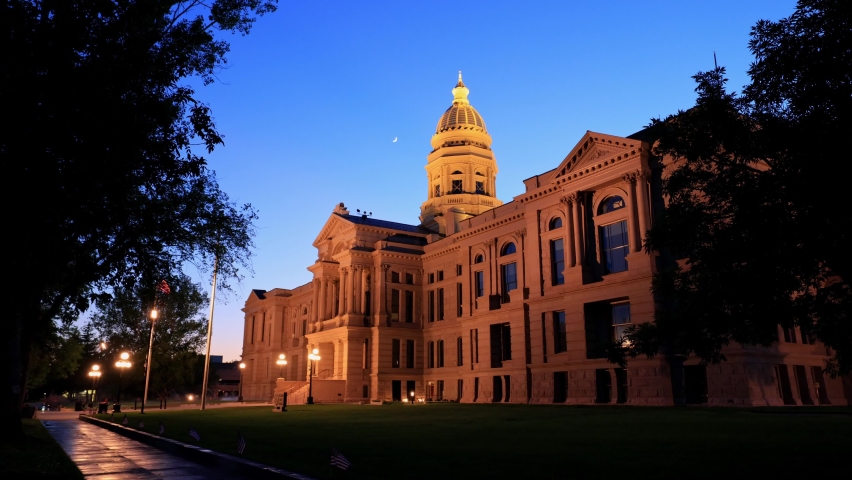 Sunset view of the beautiful Wyoming State capitol building at Wyoming