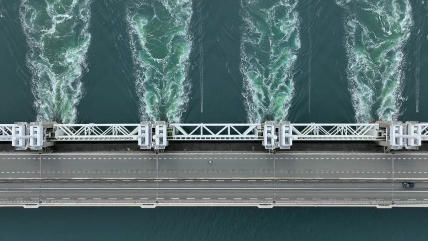 Bird's Eye View of a Storm Surge Barrier in the Netherlands Royalty-Free Stock Footage #1092908721