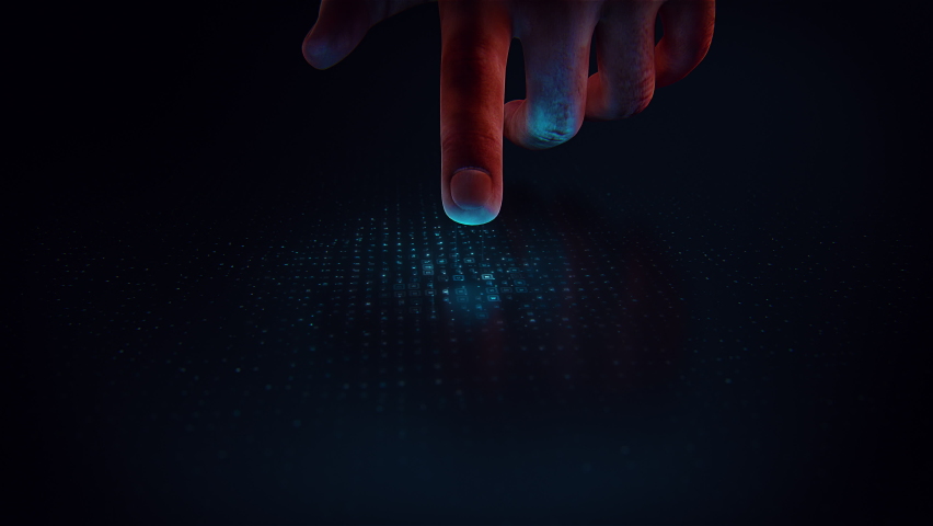 Digital Touch. Blue Futuristic Data Transmission HUD. Finger Turns on Touch Screen. Human interaction with AI. Digitalization. Communication network concept. Futuristic Artificial Intelligence. - Powered by Shutterstock - Get 15% off with code: PIKWIZARD15