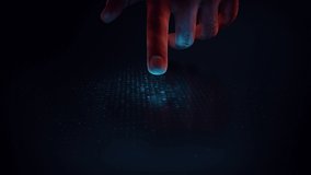 Digital Touch. Blue Futuristic Data Transmission HUD. Finger Turns on Touch Screen. Human interaction with AI. Digitalization. Communication network concept. Futuristic Artificial Intelligence. - Powered by Shutterstock - Get 15% off with code: PIKWIZARD15