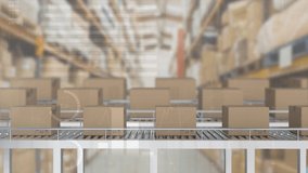 Animation of data processing over boxes on conveyor belt in warehouse. Global delivery and digital interface concept digitally generated video. - Powered by Shutterstock - Get 15% off with code: PIKWIZARD15