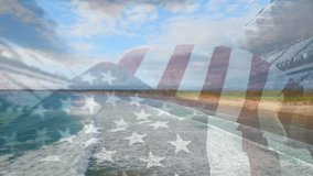 Composite video of waving american flag over waves in the sea against sports stadium. National sports event and tournament concept - Powered by Shutterstock - Get 15% off with code: PIKWIZARD15