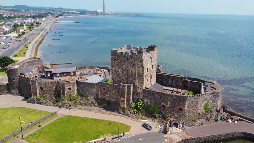 Aerial video of Carrickfergus Castle Co Antrim Northern Ireland 