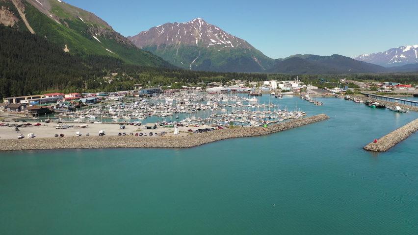 Aerial view of port city Seward, Alaska.  Seward Boat Harbor from above. 