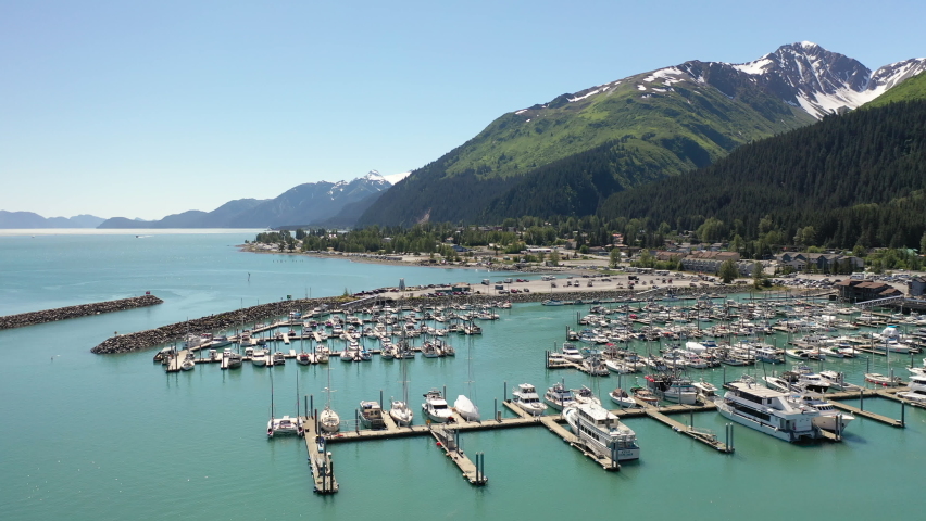 Aerial view of port city Seward, Alaska.  Seward Boat Harbor from above. 