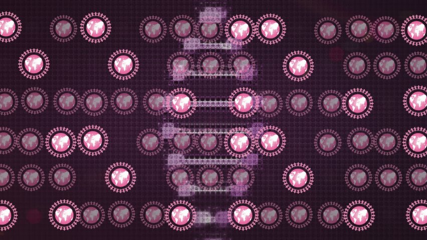 Animation of digital rotating dna helix against graphical computer network icons. Hologram, digitally generated, multiple exposure, genetic, medical, telecommunication, globalization and technology. - Powered by Shutterstock - Get 15% off with code: PIKWIZARD15