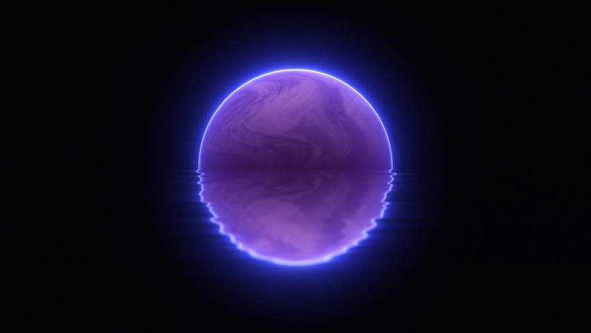 Bright glowing pink planet or sun above horizon. Reflections on water waves. Synthwave, vaporwave style. Retrowave digital illustration with 3D Render elements. Retro futurism, vintage 80s, 90s style | Shutterstock HD Video #1092934429
