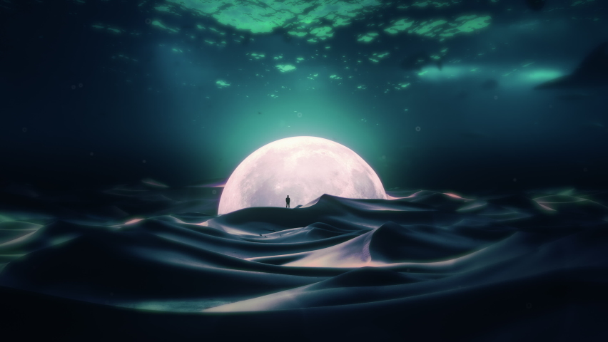 Underwater Moon Man Standing Dunes Stingrays Swimming Around. Man in front of the moon stuck on the bottom of the sea with stingrays swimming around. Surreal background Royalty-Free Stock Footage #1092943233