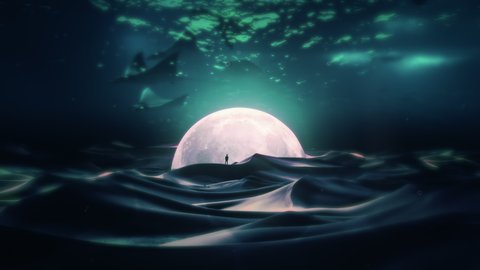 Underwater Moon Man Standing Dunes Stingrays Swimming Around. Man in front of the moon stuck on the bottom of the sea with stingrays swimming around. Surreal background स्टॉक वीडियो