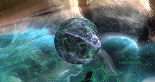 Animation of chemical formulas over black planet over universe. Planets, science, cosmos and universe concept digitally generated video.