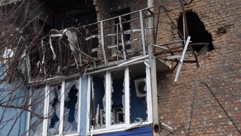 War in Ukraine. Destroyed building in the city of Irpin near Kyiv. It was destroyed by the russian invaders. Just a civilian buildings were doomed by barbarians.