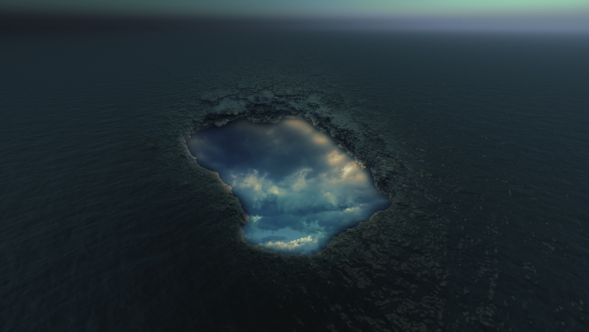 Ocean Hole Cloudy Sky Surreal Landscape, Aerial View. Ocean sinkhole with a cloudy sky landscape inside, aerial view. Surreal motion background