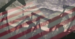 Animation of pump jacks over american flag. Oil business, energy, transport, finance and economy concept digitally generated video.