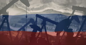 Animation of pump jacks over flag of russia. Oil business, energy, transport, finance and economy concept digitally generated video.