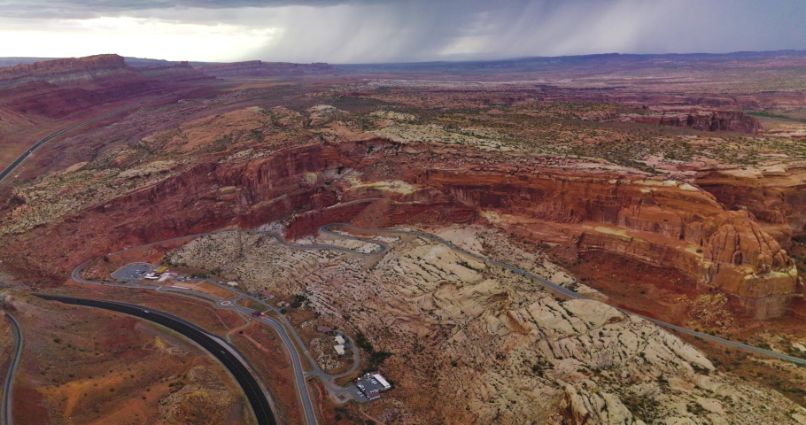 Vast rocky scenery of marvelous canyon in Utah, USA. Few roads crossing amidst Zion National park. Aerial perspective.
