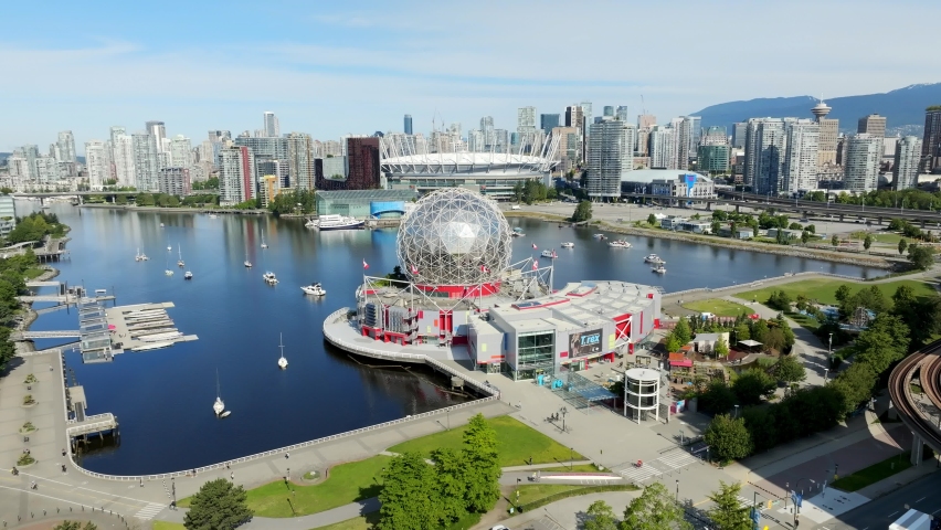 Science World Museum, False Creek, BC Place Stadium, And Downtown Vancouver Skyline In Canada. - aerial Royalty-Free Stock Footage #1092958705