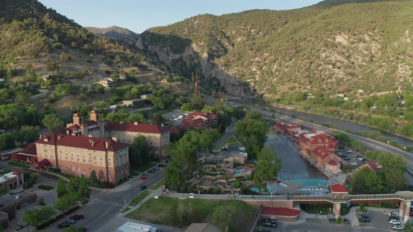 Aerial approach of the Hotel Colorado and the hot Springs pool in Glenwood Springs
