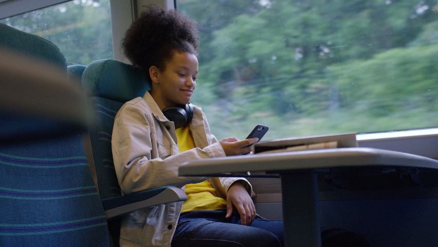 Attractive young teen on a video call during a journey on a train, in slow motion Royalty-Free Stock Footage #1092960893