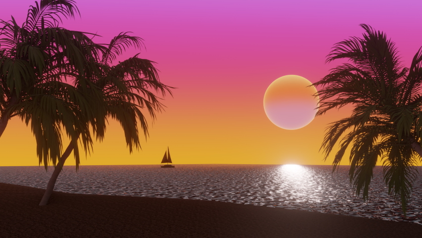 Ocean beach with tropical palm trees at sunset. 3d Synthwave stylized animated background. Seamless loop. | Shutterstock HD Video #1092961531
