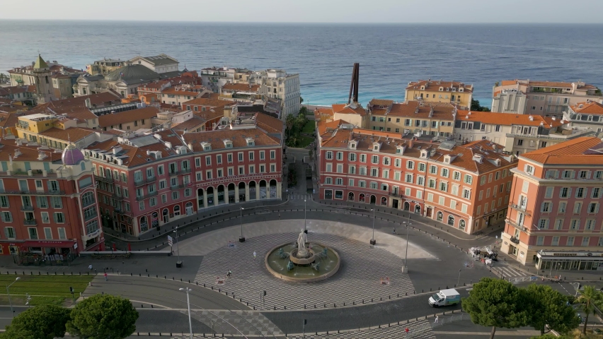 Drone over The Place Massena, a historic square in Nice, Cote d'Azur, France