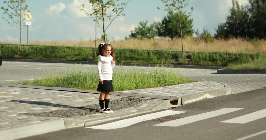 The girl crosses the road at a pedestrian crossing. the concept of traffic rules