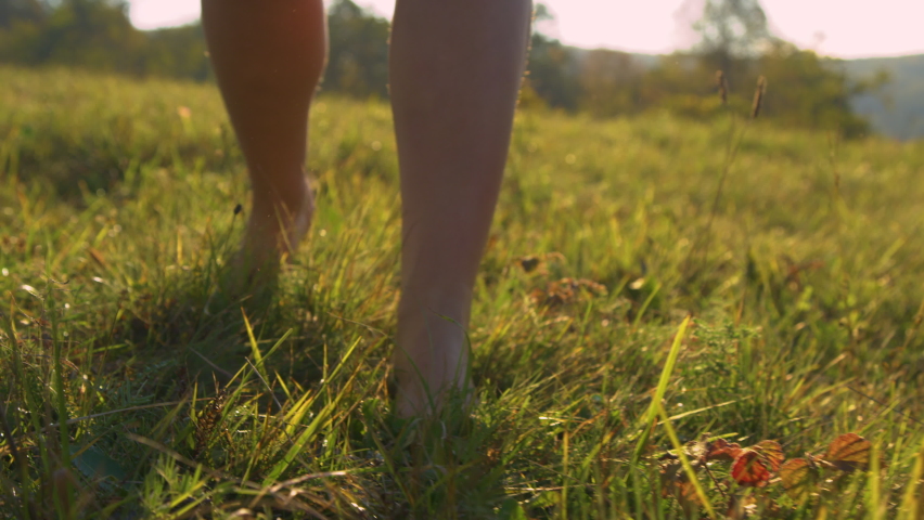 CLOSE UP, LOW ANGLE: Young female bare feet walking on grass in gorgeous sunset light. Sunlit barefooted woman stepping gently on the green meadow grass and moving towards camera at golden sunrise. Royalty-Free Stock Footage #1092963267