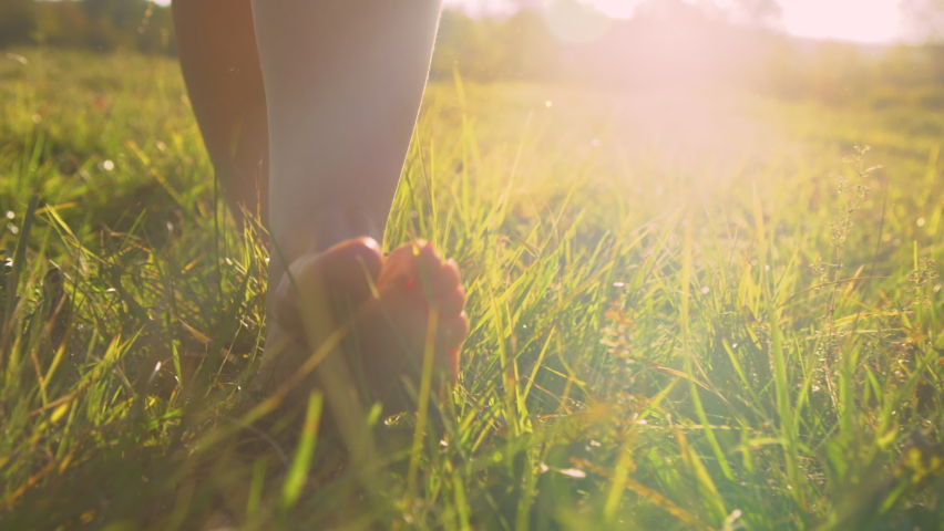 CLOSE UP, LOW ANGLE: Young female bare feet walking on grass in gorgeous sunset light. Sunlit barefooted woman stepping gently on the green meadow grass and moving towards camera at golden sunrise. Royalty-Free Stock Footage #1092963267