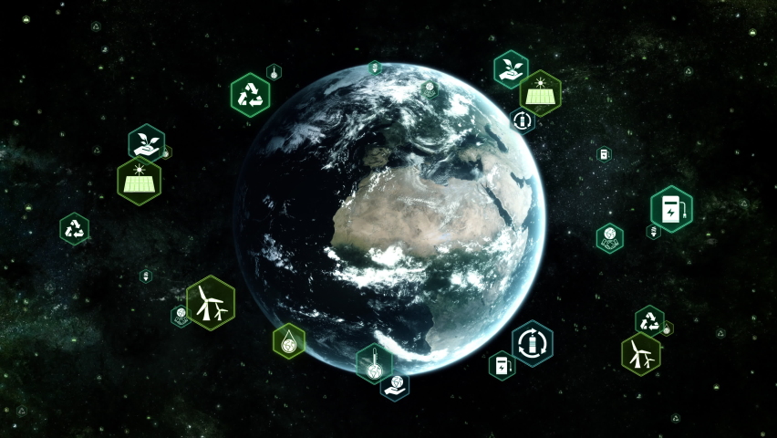 Earth in Space and orbiting sustainable development goals and ecology infographic icons. Enviromental technology concept 3D animation green energy loop background. World map elements furnished by NASA Royalty-Free Stock Footage #1092963967