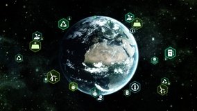 Earth in Space and orbiting sustainable development goals and ecology infographic icons. Enviromental technology concept 3D animation green energy loop background. World map elements furnished by NASA - Powered by Shutterstock - Get 15% off with code: PIKWIZARD15
