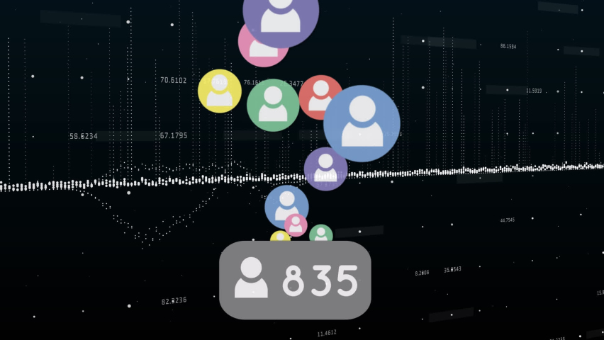 Animation of social media reactions over financial data on black background. finance, economy, technology, social media and digital interface concept digitally generated video.