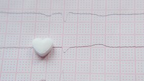 Close-up heart-shaped tablets falling on ECG. Diagnostics, prevention and treatment of cardiovascular diseases. Medical video background with copy space.