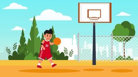 Animation of Cute Boy hiting a basketball ball . Boy practicing shooting a basketball. Motion Graphic.