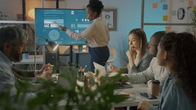 African American woman company manager presenting business ideas to diverse group of colleagues pointing at digital screen in office at night - Powered by Shutterstock - Get 15% off with code: PIKWIZARD15