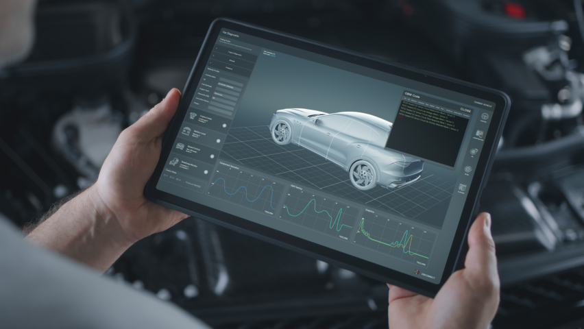 Service man holds a tablet in hands with screen, shown process of remote wireless diagnostics in the application for scanning and analyzing the state of the electric machine engine and blocks Royalty-Free Stock Footage #1092971485