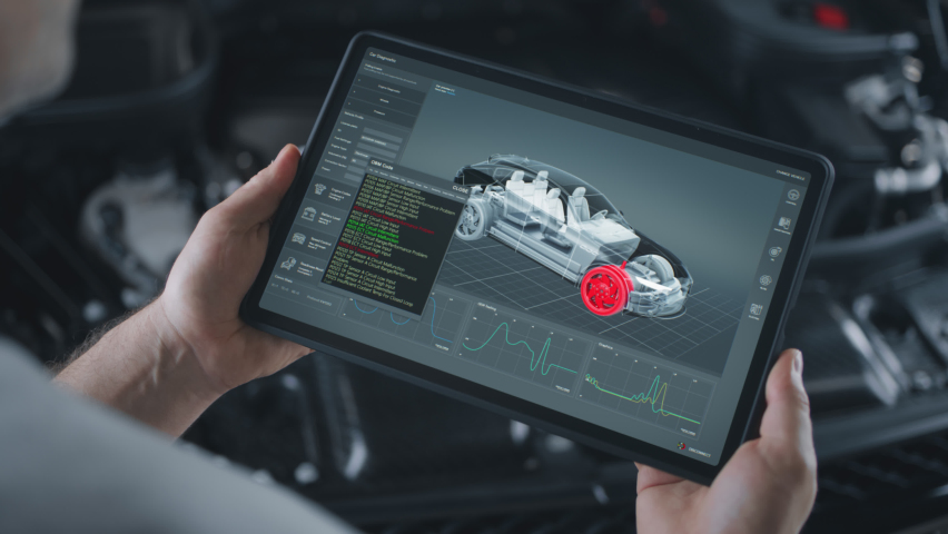 Service man holds a tablet in hands with screen, shown process of remote wireless diagnostics in the application for scanning and analyzing the state of the electric machine engine and blocks | Shutterstock HD Video #1092971485