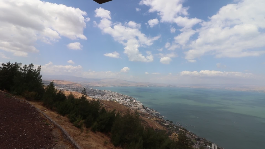 A top view of the Sea of Galilee in the north of Israel, road number 90 and the nearby city of Tiberias