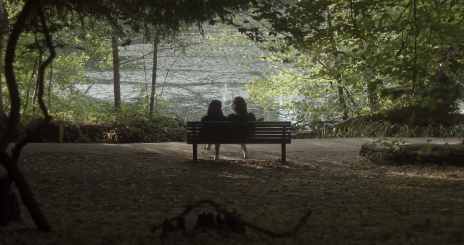 A HANDHELD SILHOUETTE SHOT of a young couple sitting together on a bench in a park, next to a pond.