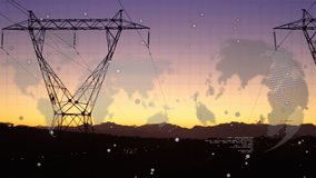 Animation of data processing, world map and globe over electricity pylons. Global sustainability, electricity, connections, data processing and digital interface concept digitally generated video. - Powered by Shutterstock - Get 15% off with code: PIKWIZARD15