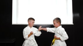 Two athlete boys are training paired exercises with punches and blocks with their hands