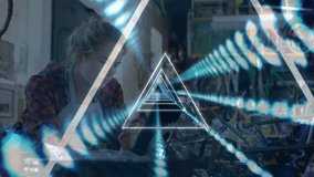 Animation of neon shapes over caucasian female mechanic using tablet. Global business, computing and digital interface concept digitally generated video. - Powered by Shutterstock - Get 15% off with code: PIKWIZARD15